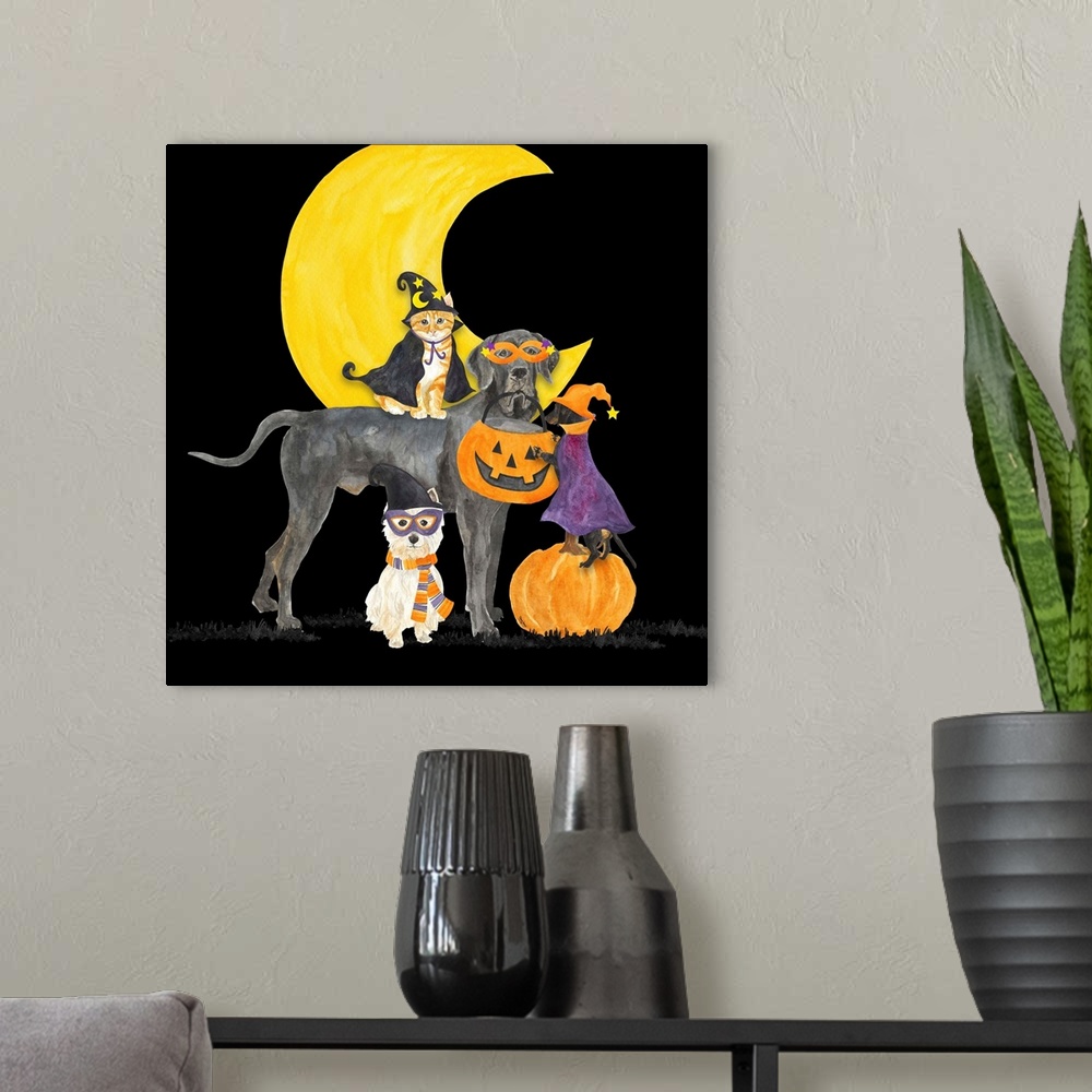 A modern room featuring Fright Night Friends II Dog with Pumpkin