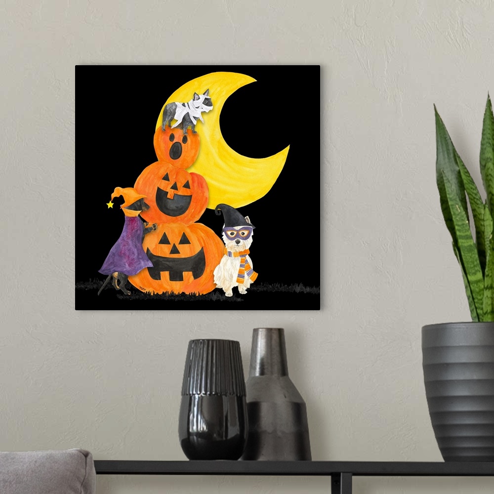 A modern room featuring Fright Night Friends IV Pumpkin Stack