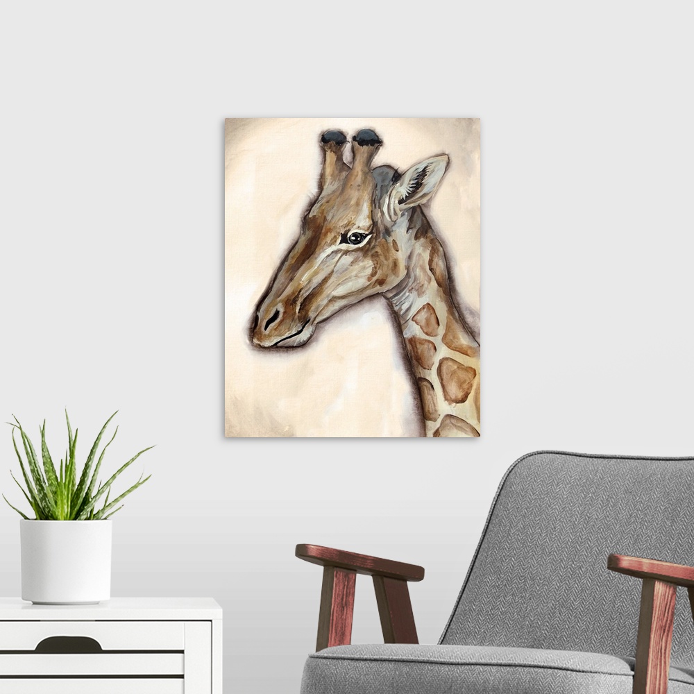 A modern room featuring A profile portrait of a giraffe in shades of brown and gold.