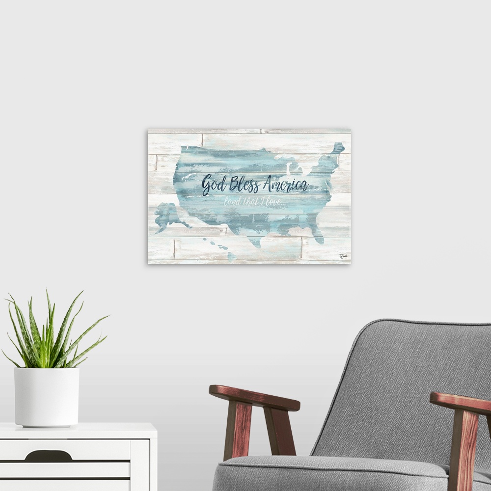 A modern room featuring "God Bless America Land That I Love..." on a map of the United States of America in teal on a whi...