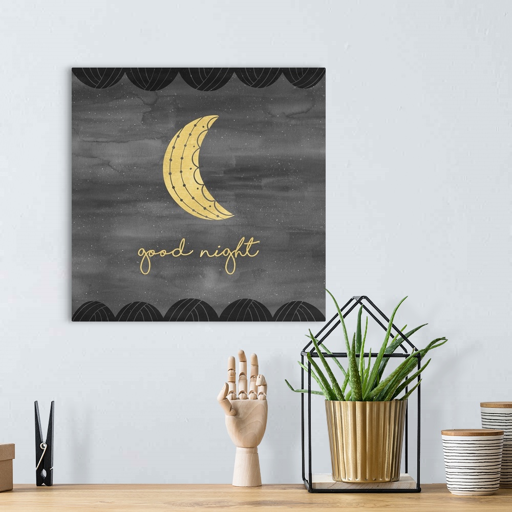 A bohemian room featuring "Good Night" and a crescent moon in gold on a gray background with white specks, bordered with bl...