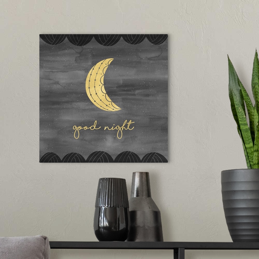 A modern room featuring "Good Night" and a crescent moon in gold on a gray background with white specks, bordered with bl...