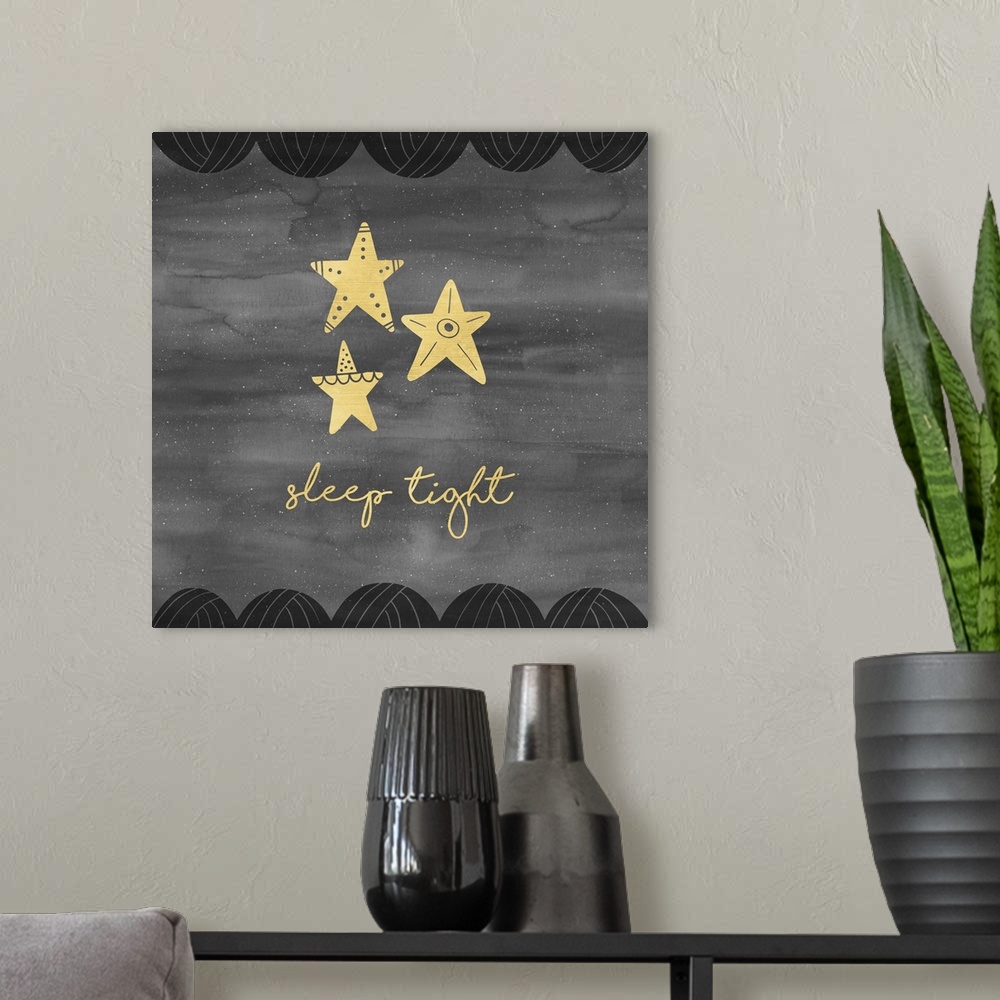 A modern room featuring "Sleep tight" and stars in gold on a gray background with white specks, bordered with black curve...