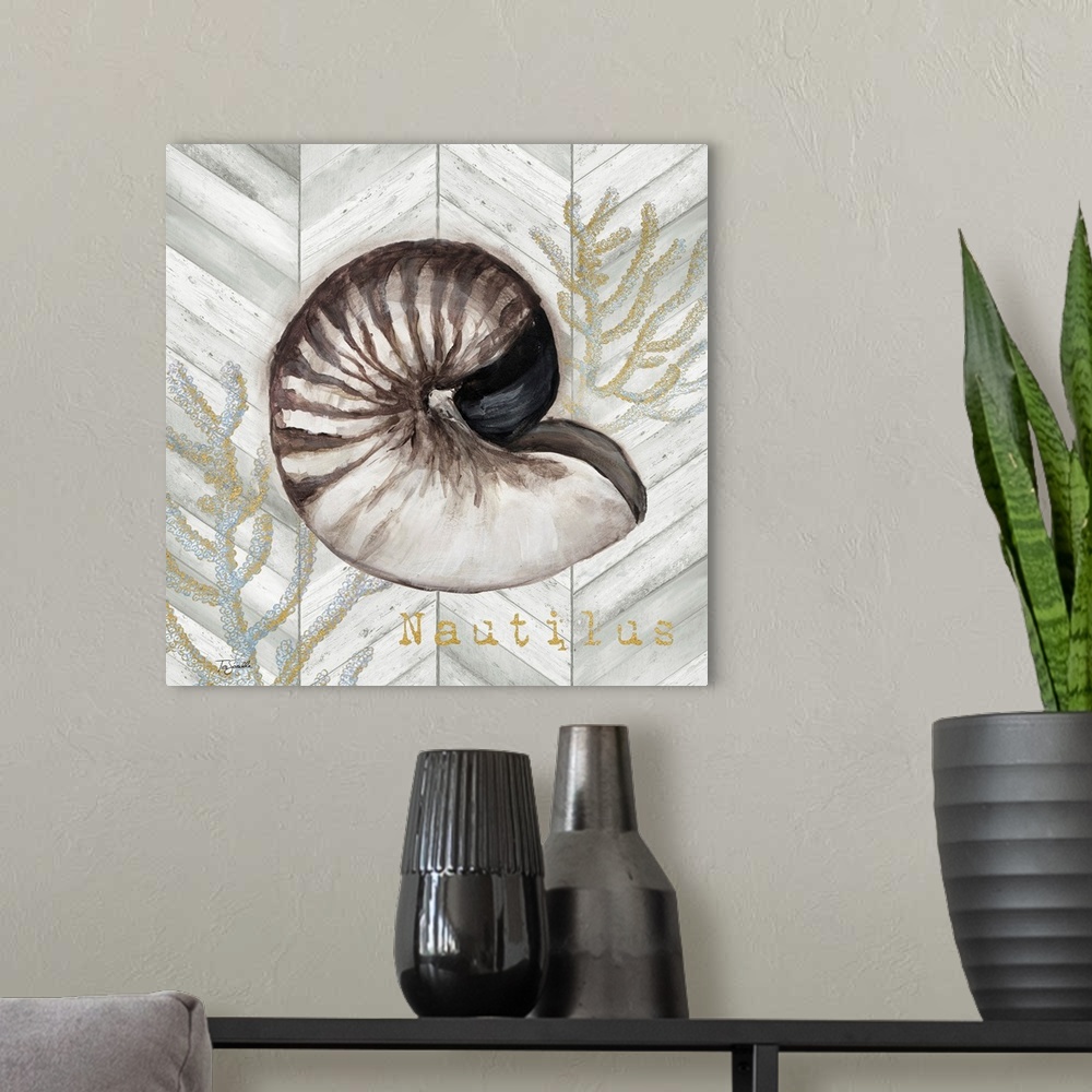 A modern room featuring Gray Gold Chevron Nautilus Shell
