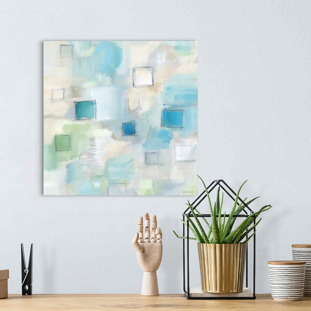 A bohemian room featuring Square abstract watercolor painting in blurred square shapes in muted tones of brown, blue and gr...