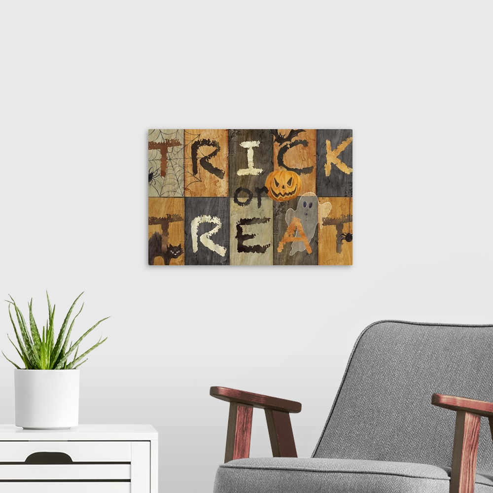 A modern room featuring A decorative Halloween design of spooky objects like a ghost, bat and spider with the text "Trick...