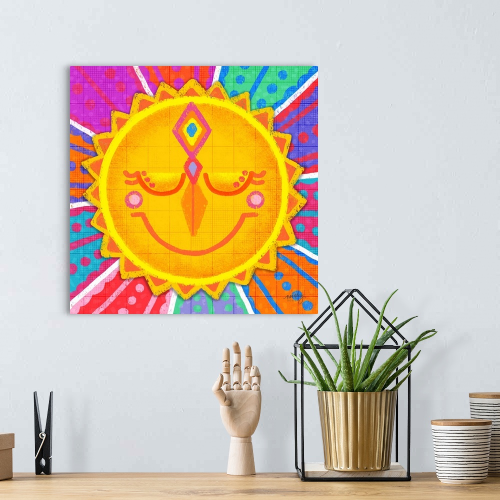 A bohemian room featuring A bright design of a smiling sun with beams of patterned colors.