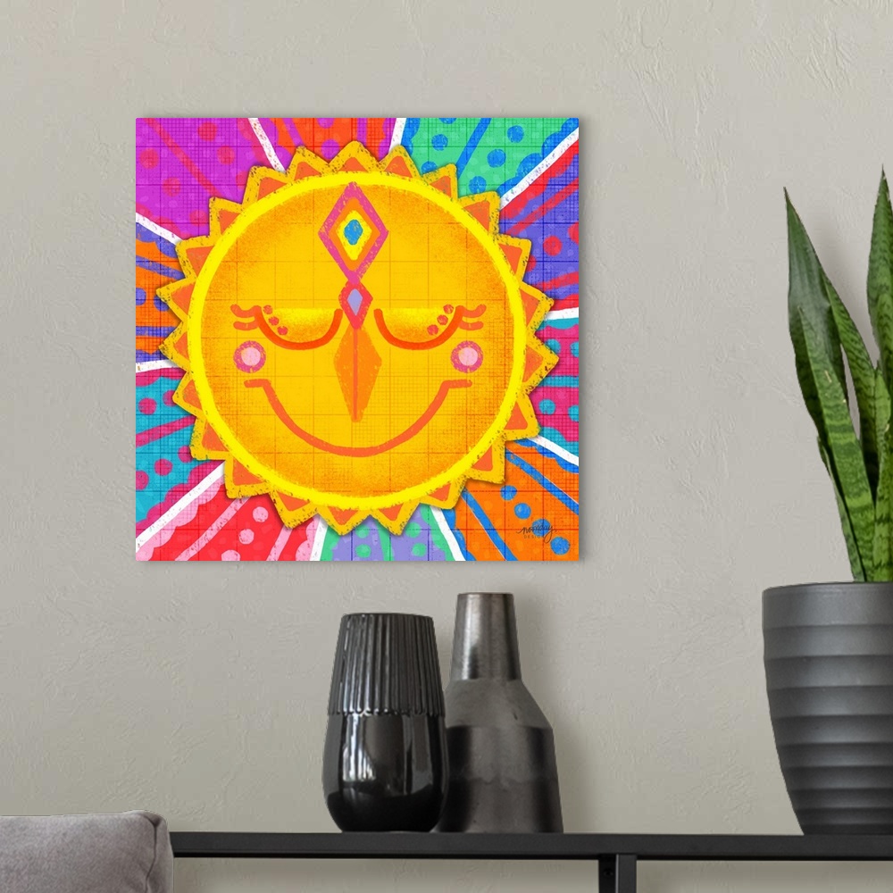 A modern room featuring A bright design of a smiling sun with beams of patterned colors.