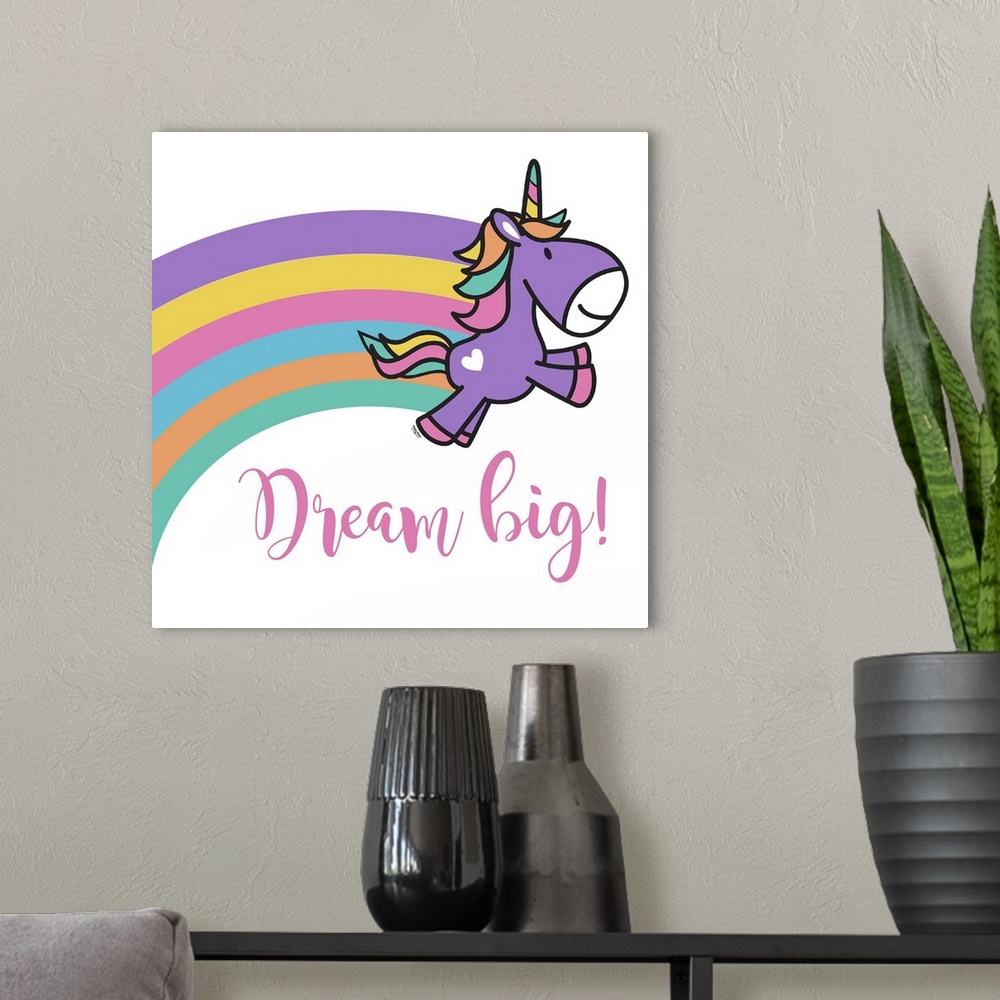 A modern room featuring Adorable decorative illustration of a purple unicorn with a rainbow trailing behind it and "Dream...