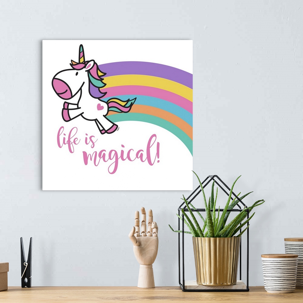 A bohemian room featuring Adorable decorative illustration of a purple unicorn with a rainbow trailing behind it and "Life ...