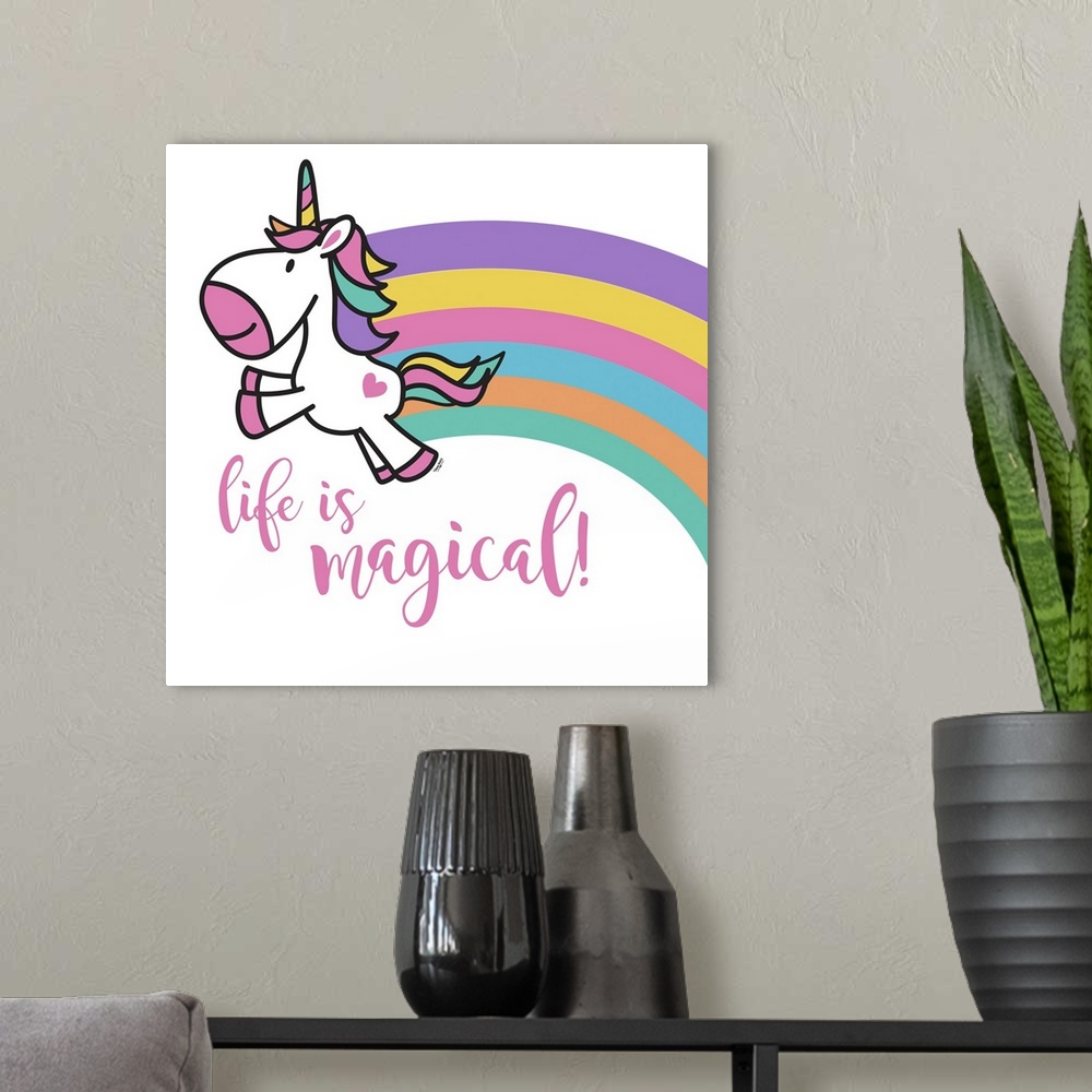 A modern room featuring Adorable decorative illustration of a purple unicorn with a rainbow trailing behind it and "Life ...