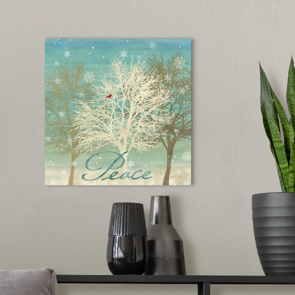 A modern room featuring "Peace" in blue on a group of bare trees with a red bird as snowflakes fall.