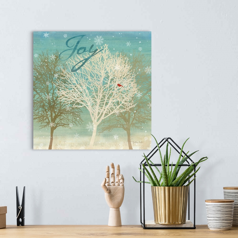 A bohemian room featuring "Joy" in blue on a group of bare trees with a red bird as snowflakes fall.