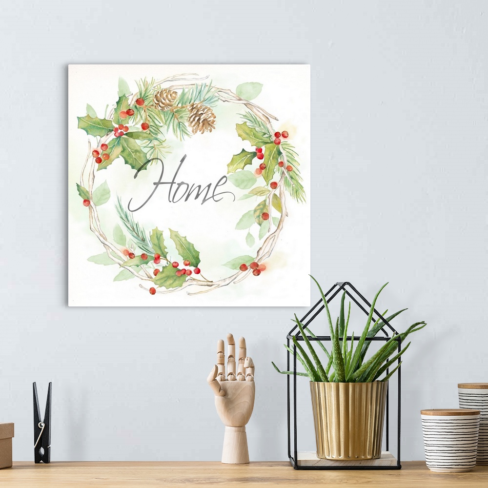 A bohemian room featuring "Home" in the center of a holiday wreath of pine and holly.