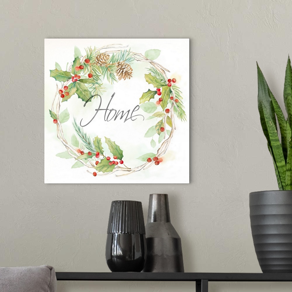 A modern room featuring "Home" in the center of a holiday wreath of pine and holly.