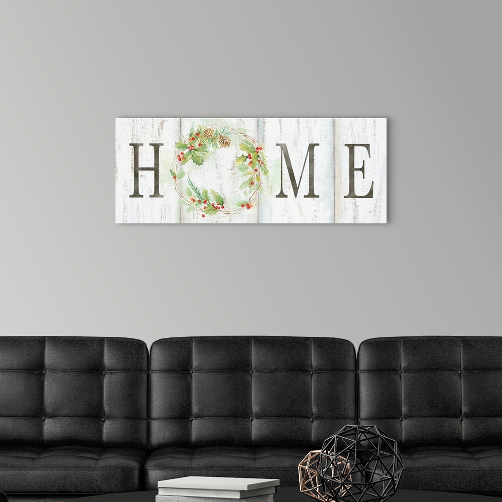 A modern room featuring "Home" with a holiday wreath of pine and holly on a white wood background.