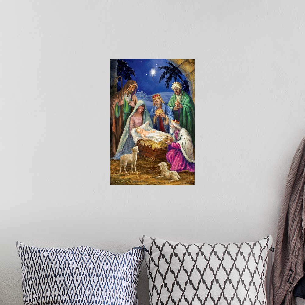 A bohemian room featuring Contemporary artwork of the manger scene of Mary and Joseph with baby Jesus as the three wise men...