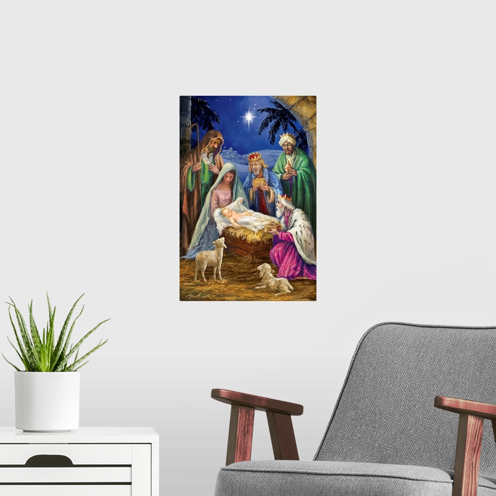A modern room featuring Contemporary artwork of the manger scene of Mary and Joseph with baby Jesus as the three wise men...