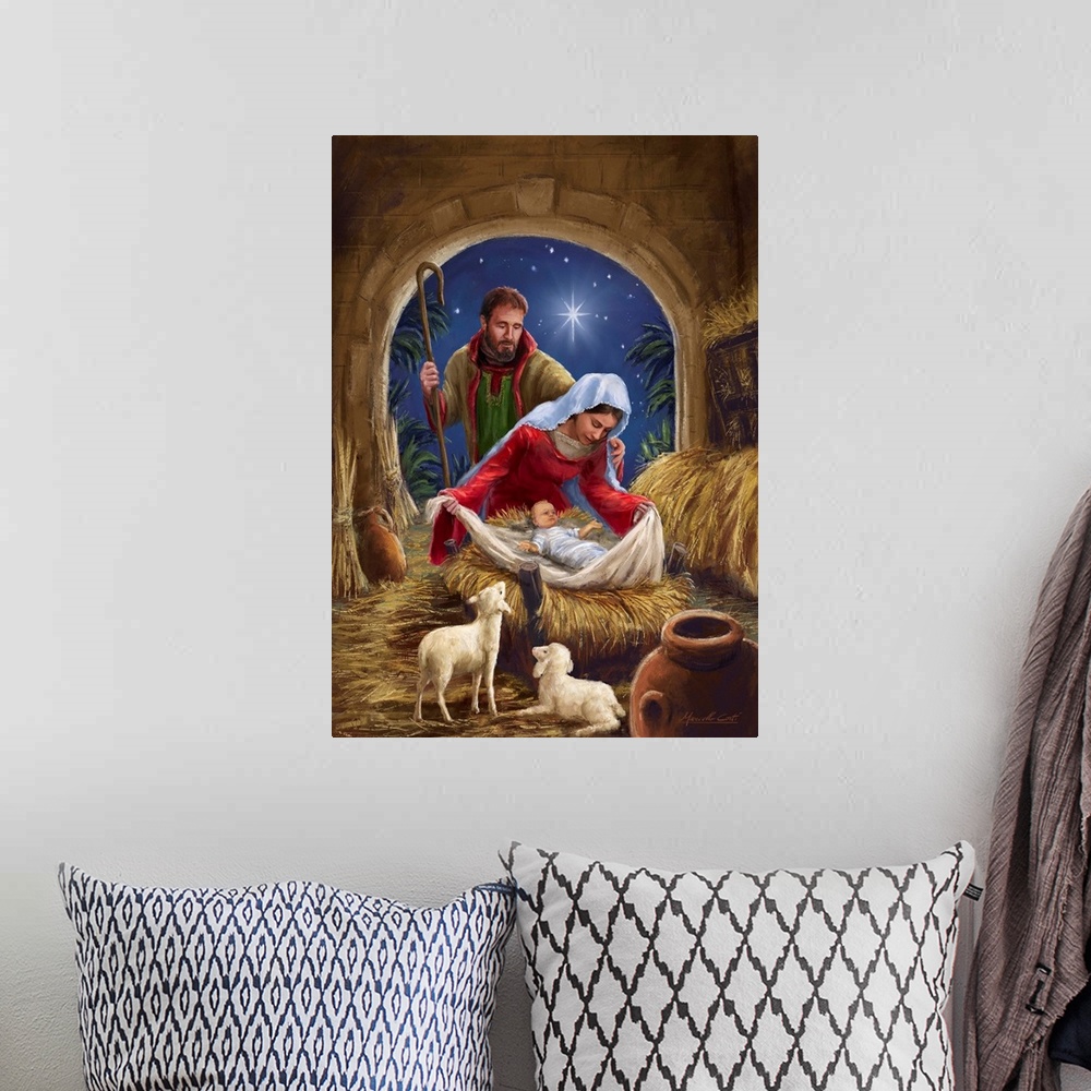 A bohemian room featuring Contemporary artwork of the manger scene of Mary and Joseph with baby Jesus.