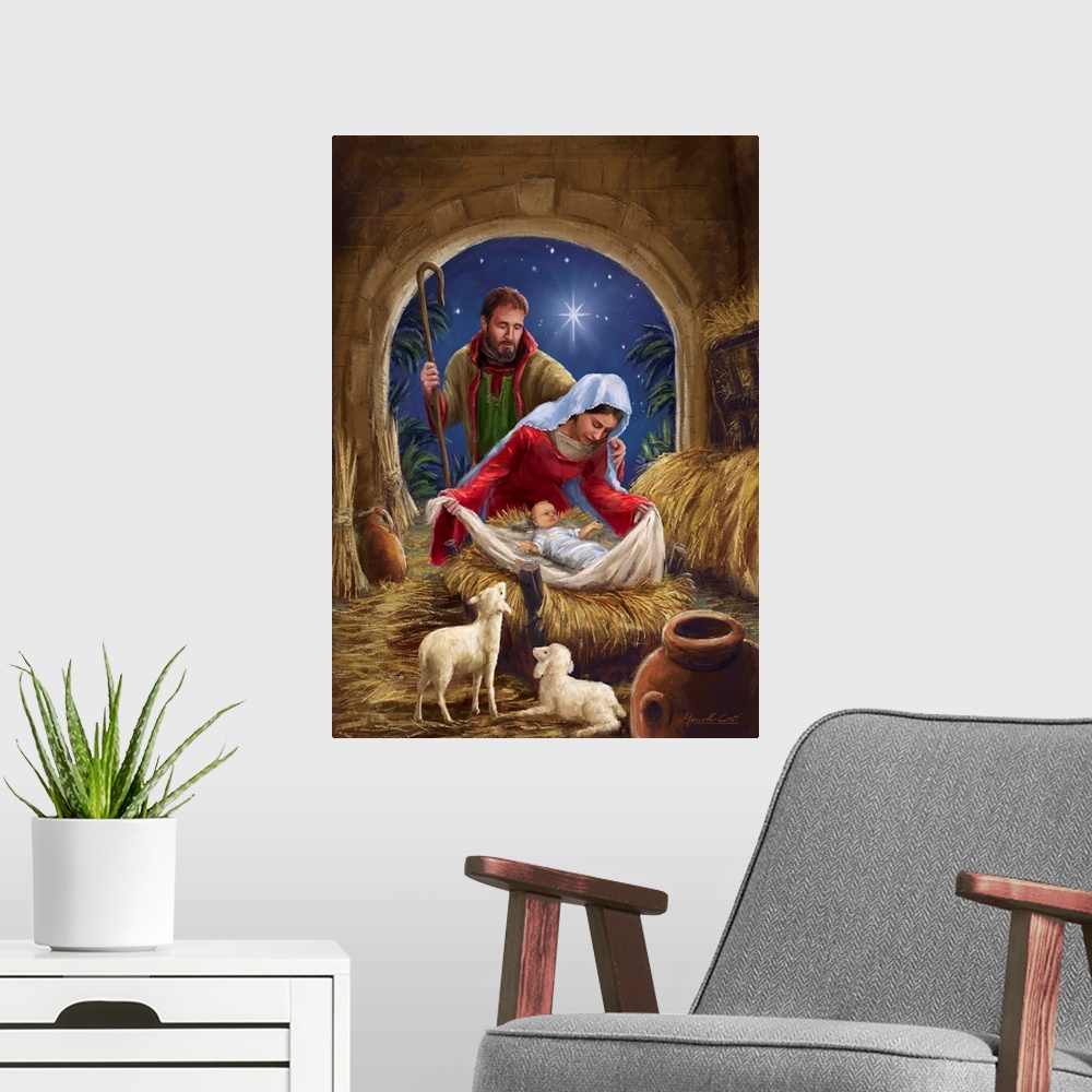 A modern room featuring Contemporary artwork of the manger scene of Mary and Joseph with baby Jesus.