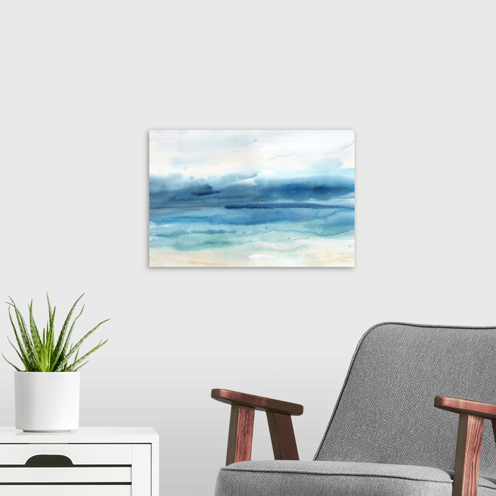 A modern room featuring A watercolor painting of an abstract seascape in muted tones of blue.