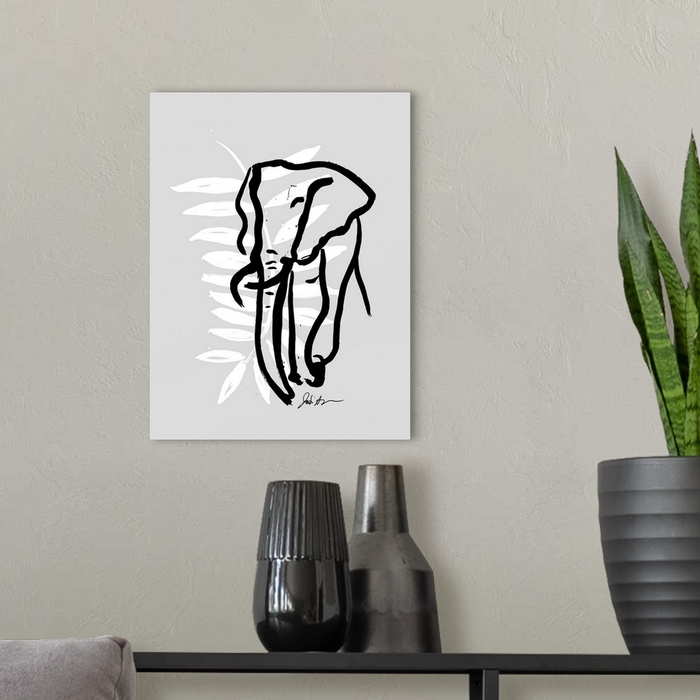 A modern room featuring Inked Safari Leaves II Elephant