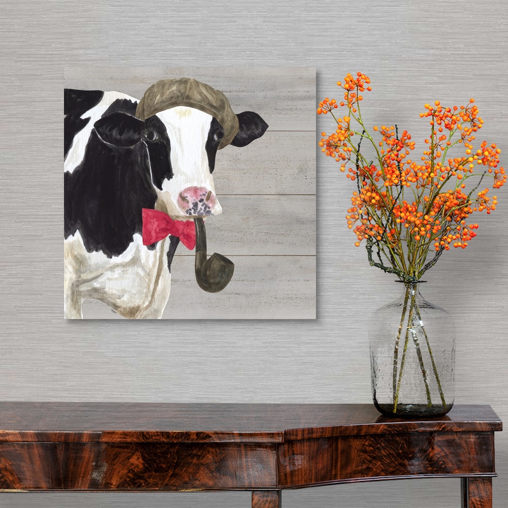 A traditional room featuring A black and white cow with a hat on head and pipe in mouth against of grey wood background.