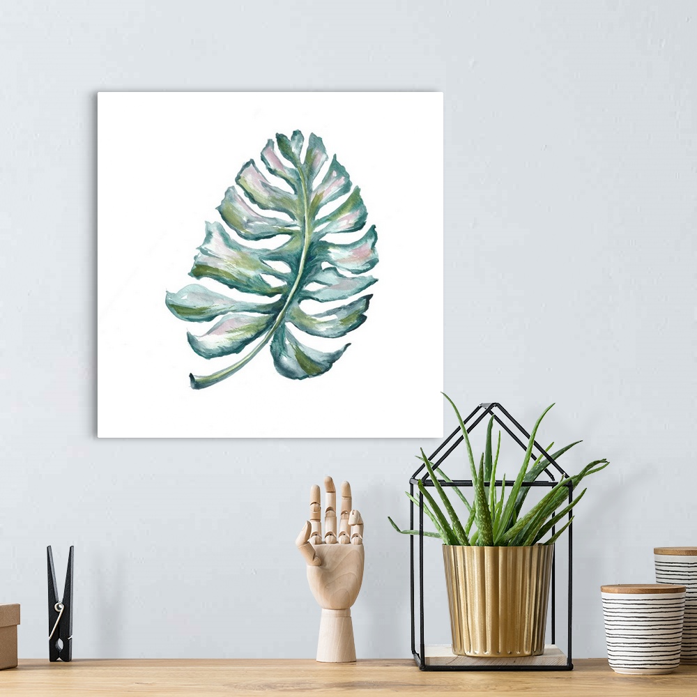 A bohemian room featuring A watercolor painting of a tropical palm leaf on a white background.