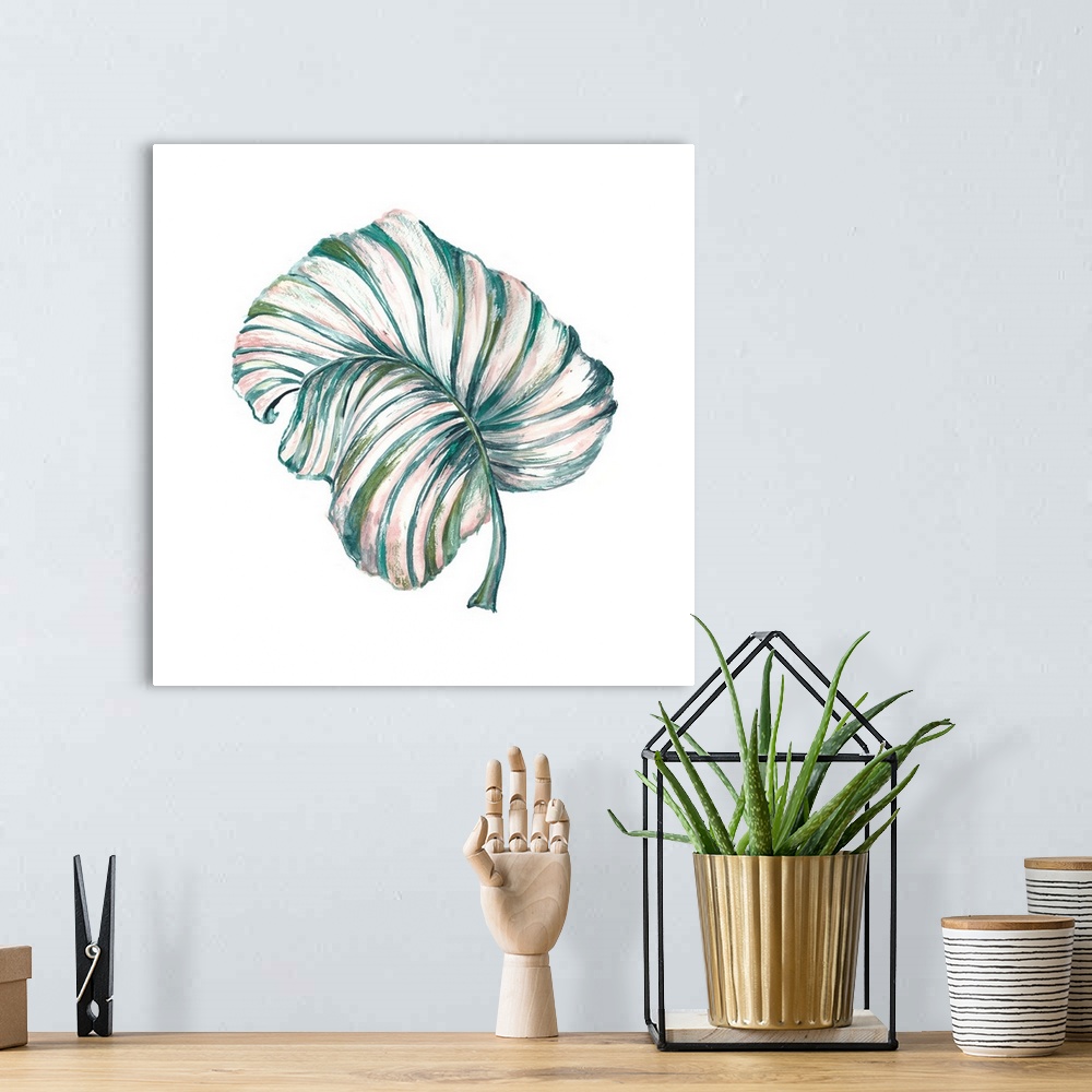 A bohemian room featuring A watercolor painting of a tropical palm leaf on a white background.