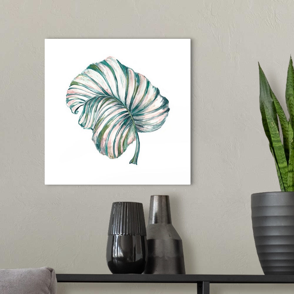 A modern room featuring A watercolor painting of a tropical palm leaf on a white background.
