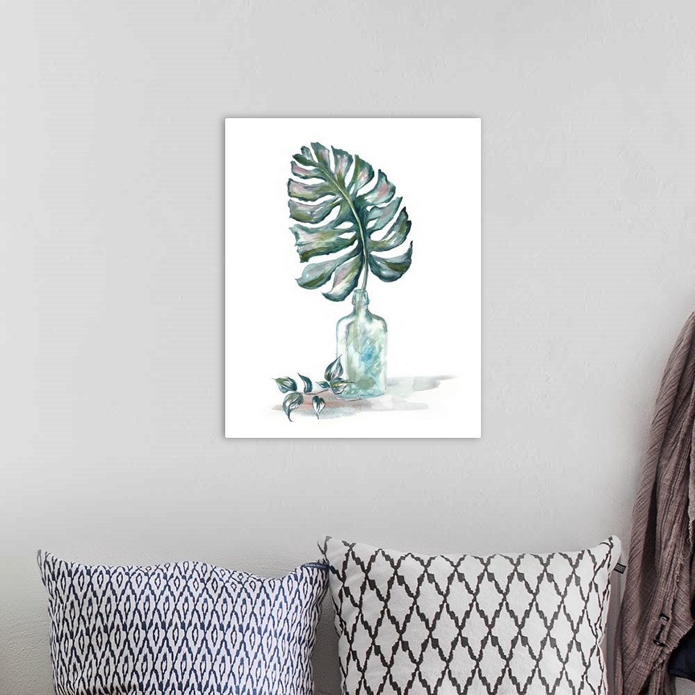 A bohemian room featuring A watercolor painting of a tropical palm leaf in a glass bottle on a white background.