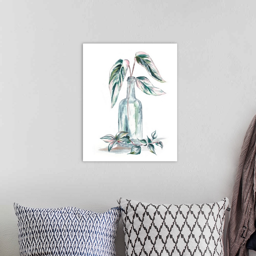A bohemian room featuring A watercolor painting of a tropical palm leaf in a glass bottle on a white background.