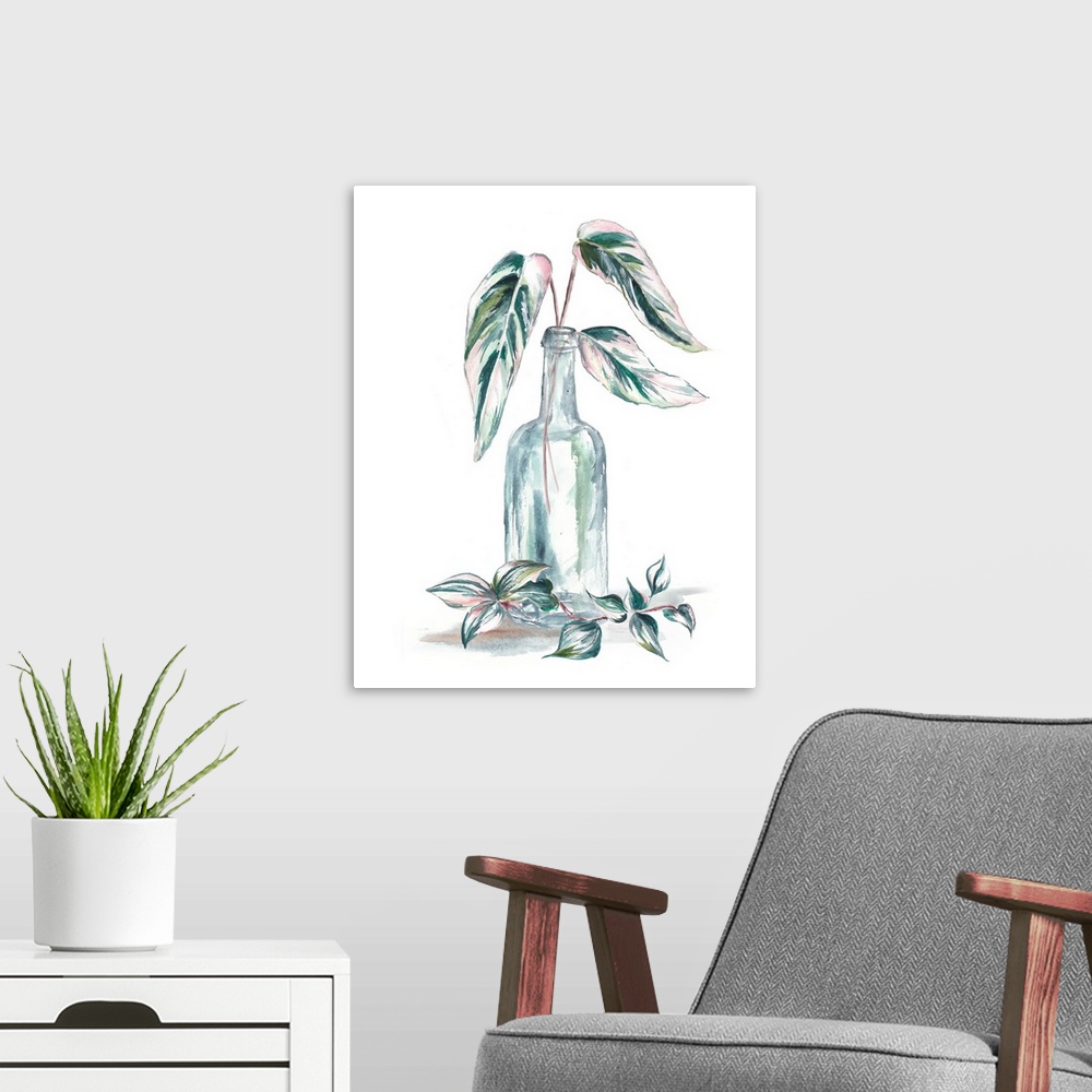A modern room featuring A watercolor painting of a tropical palm leaf in a glass bottle on a white background.