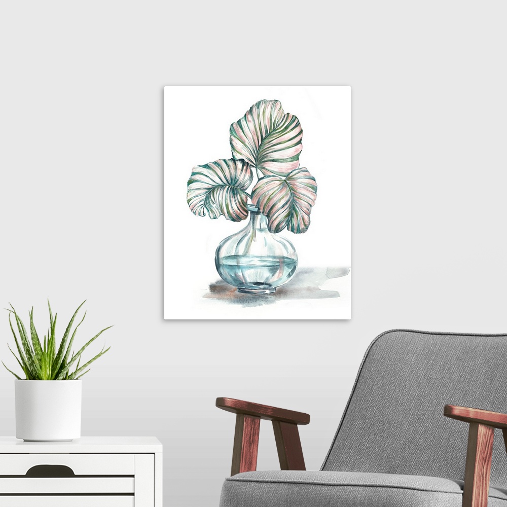 A modern room featuring A watercolor painting of a tropical palm leaf in a glass bottle on a white background.