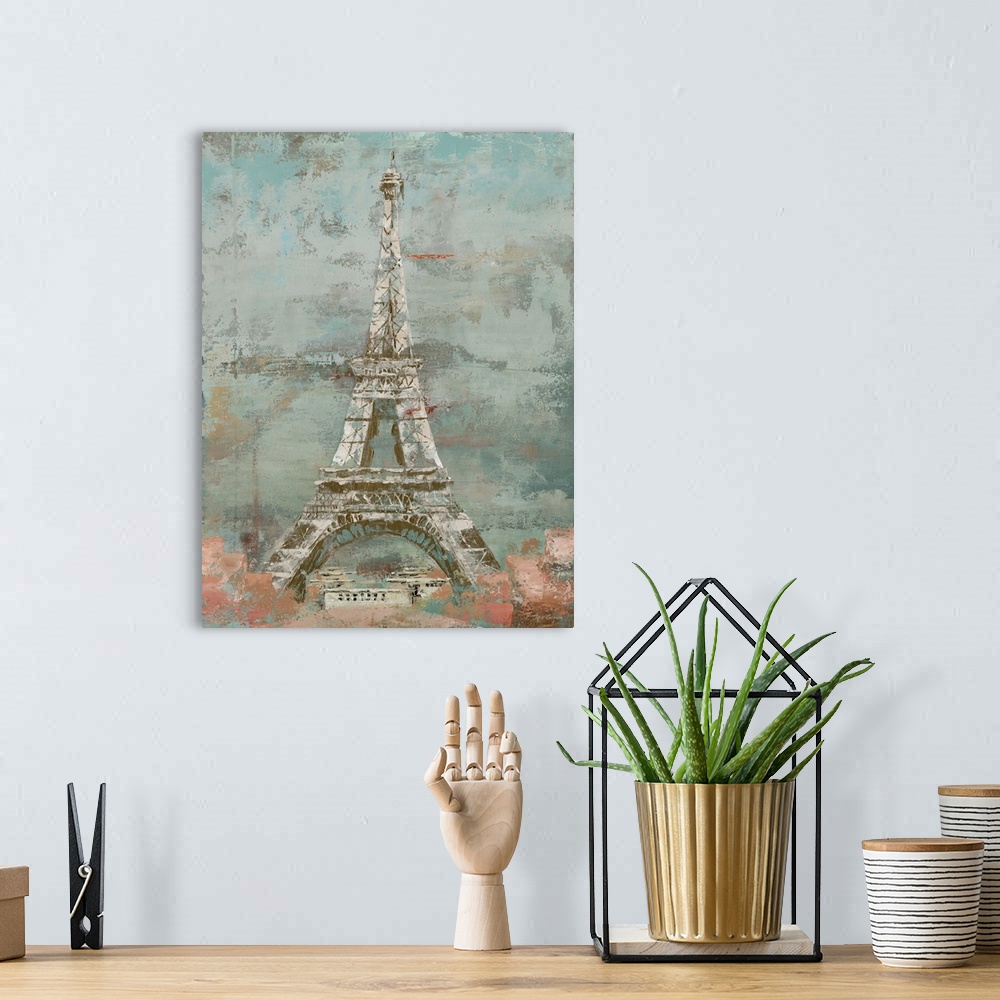 A bohemian room featuring Contemporary painting of the Eiffel Tower in Paris, in subdue tones, with a distressed appearance.