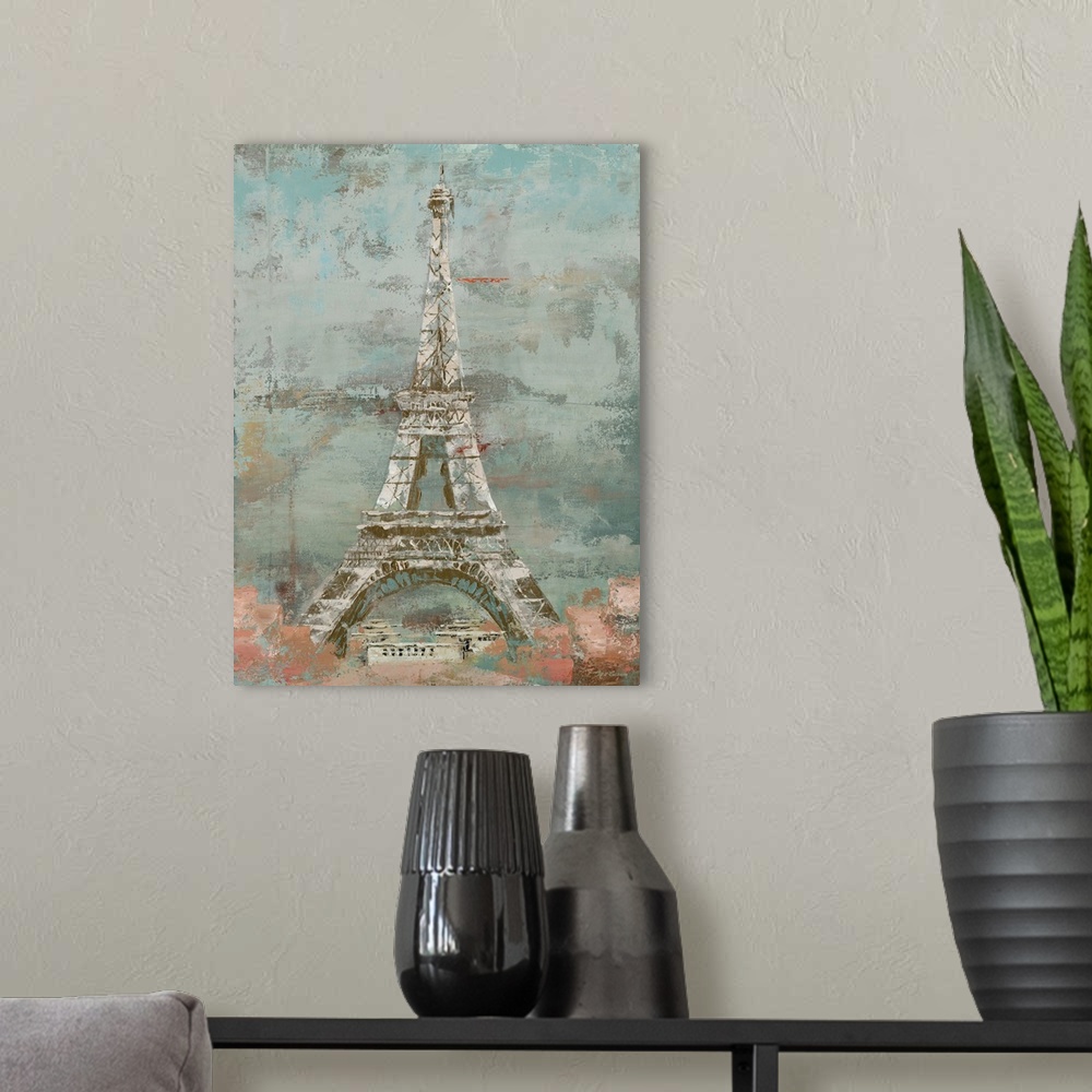 A modern room featuring Contemporary painting of the Eiffel Tower in Paris, in subdue tones, with a distressed appearance.