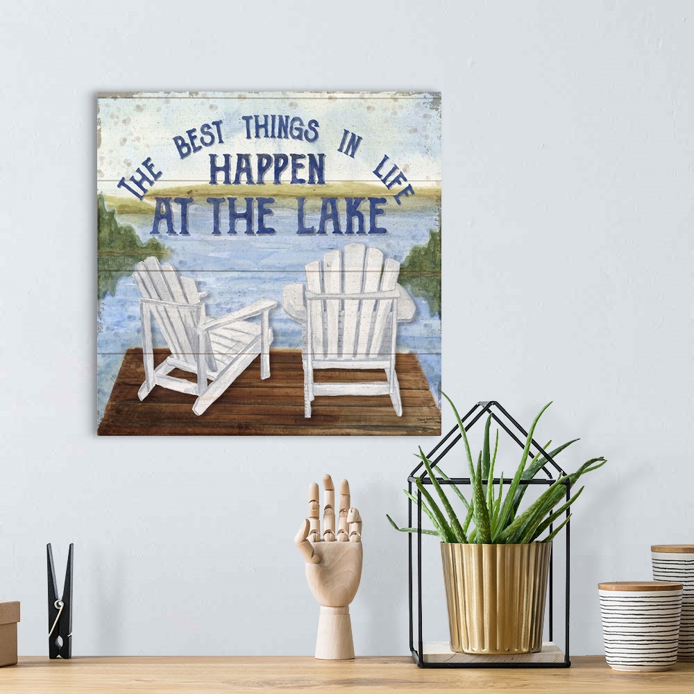 A bohemian room featuring "The Best Things In Life Happen At The Lake" and a watercolor painting of two chairs on a dock at...