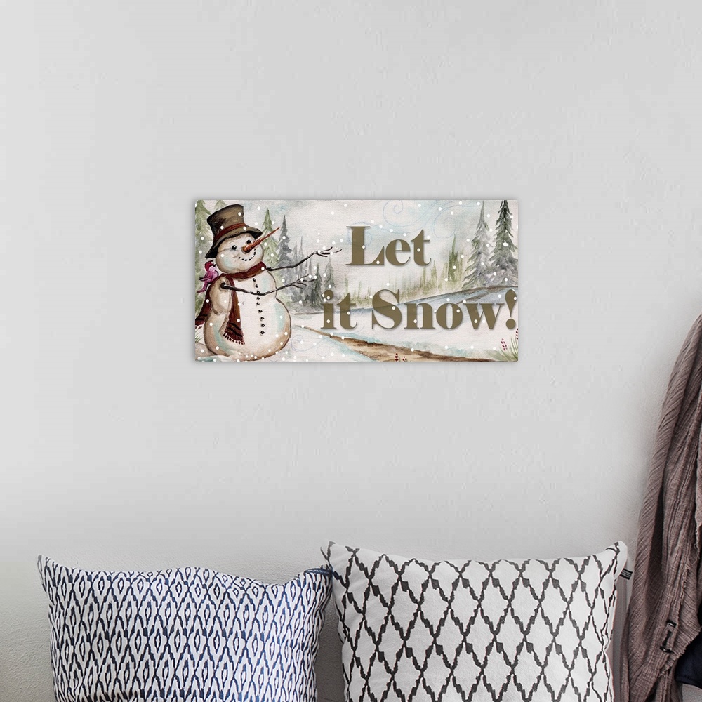 A bohemian room featuring Decorative holiday image of a snowman in the country during a snow fall with the text "Let it Snow!"
