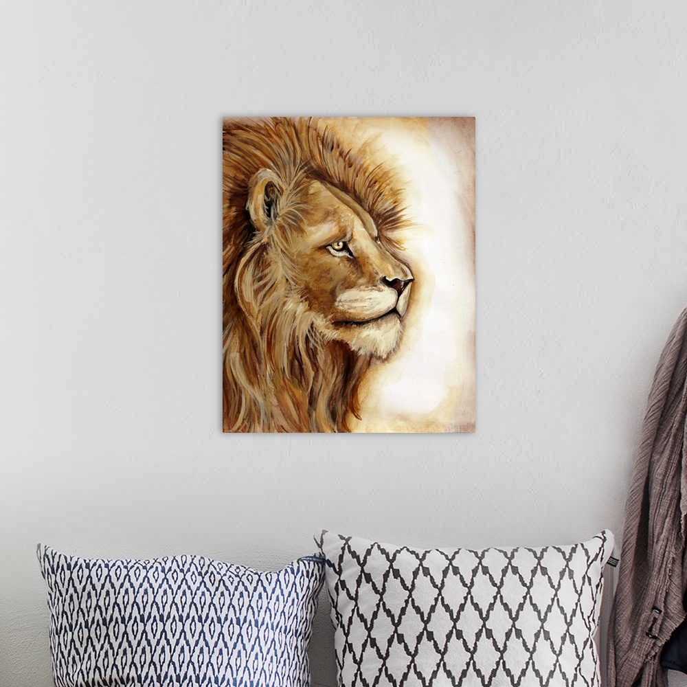 A bohemian room featuring A profile portrait of a lion in warm shades of yellow and gold.