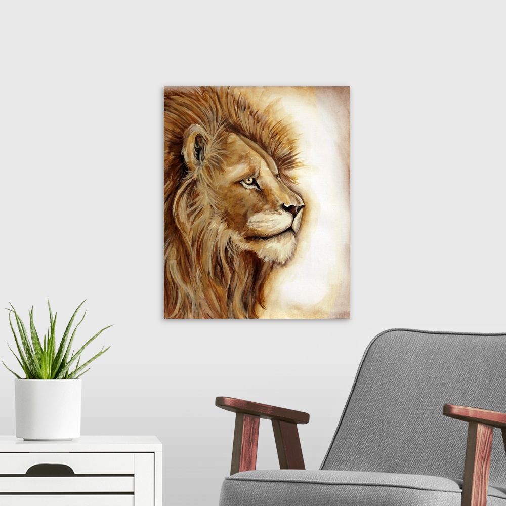 A modern room featuring A profile portrait of a lion in warm shades of yellow and gold.