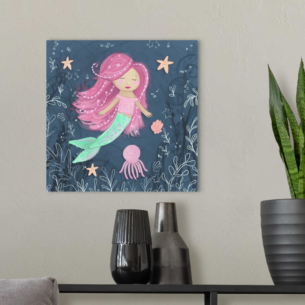 A modern room featuring Mermaid and Octopus Navy I
