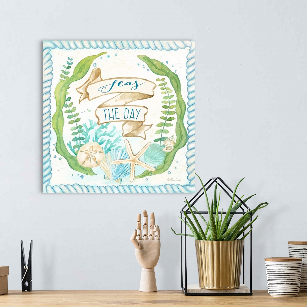 A bohemian room featuring "Seas The Day" on a banner surrounded by coral and seaweed along with shells, bordered by a blue ...