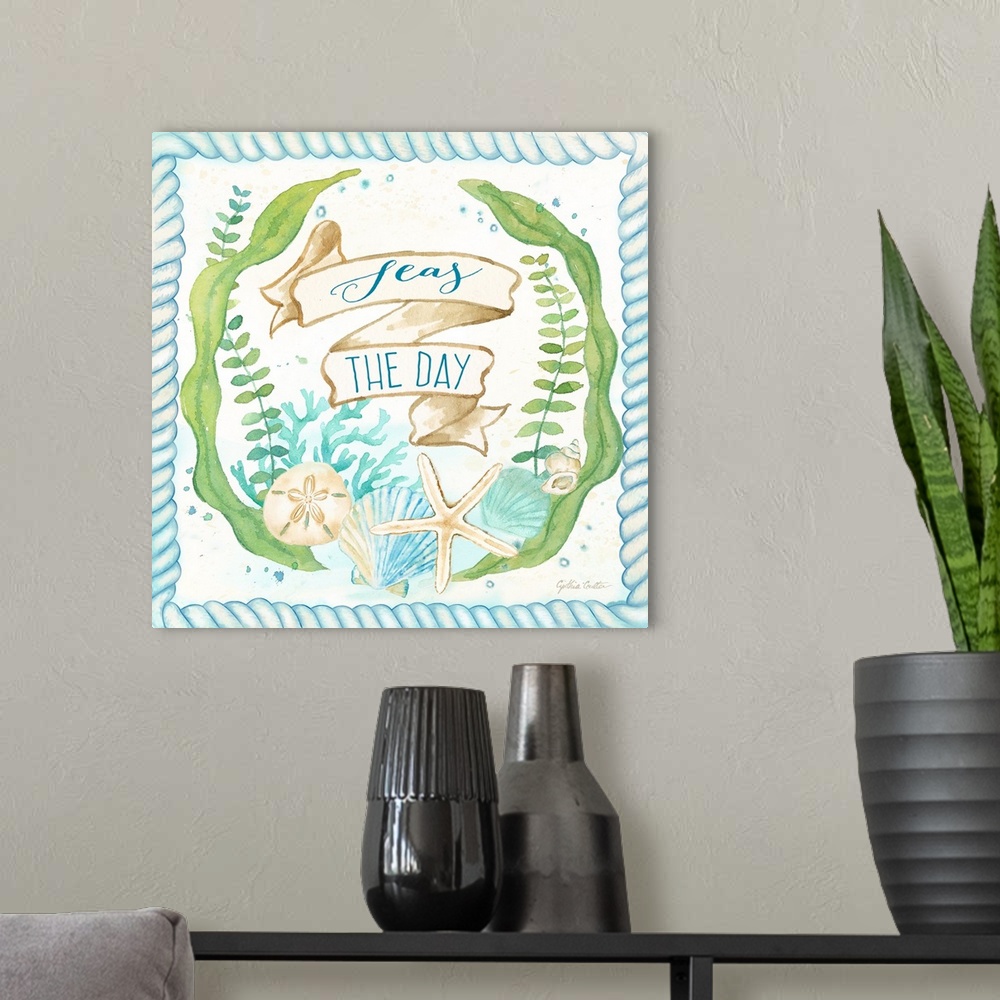 A modern room featuring "Seas The Day" on a banner surrounded by coral and seaweed along with shells, bordered by a blue ...