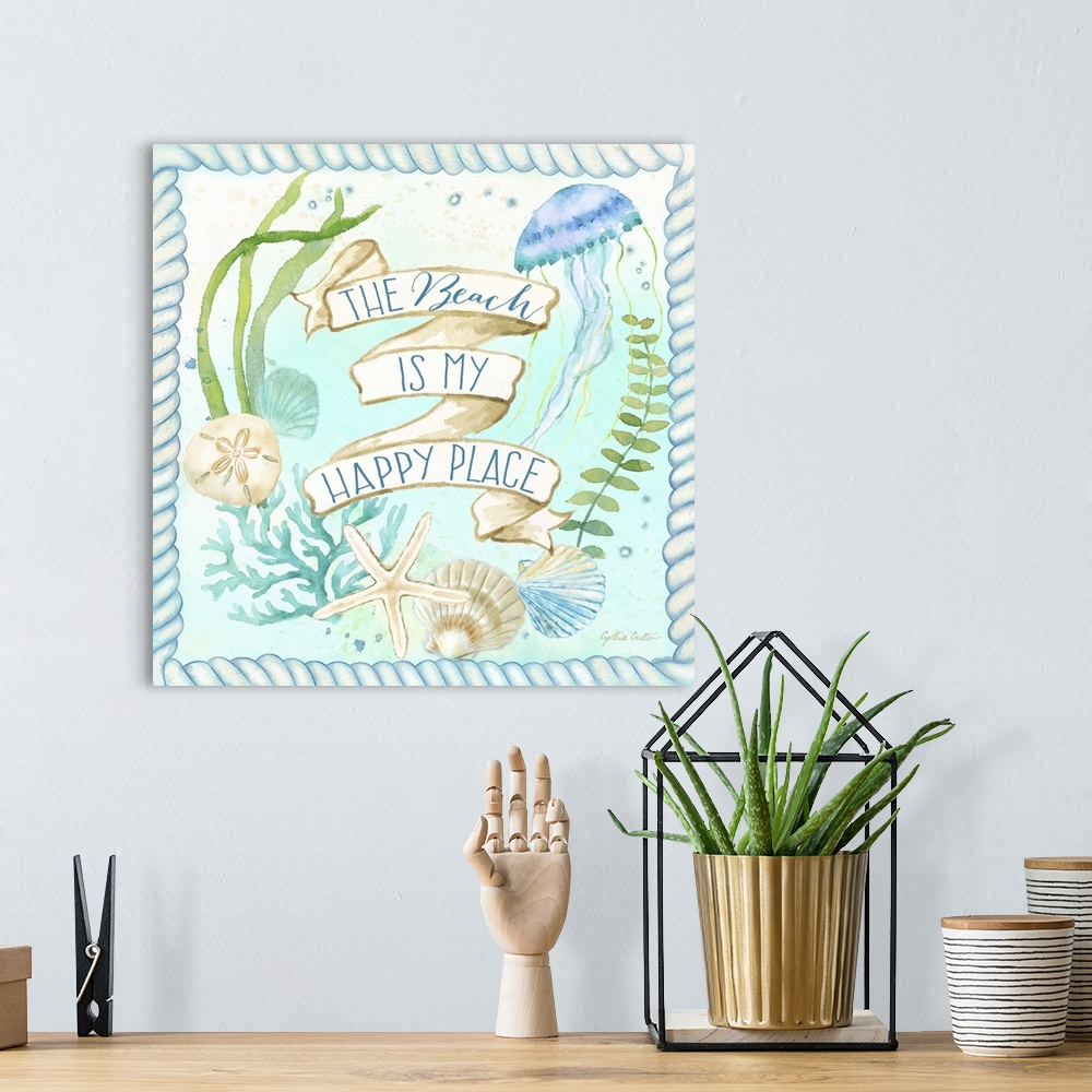 A bohemian room featuring "The Beach Is My Happy Place" on a banner surrounded by jellyfish, coral and seaweed along with s...