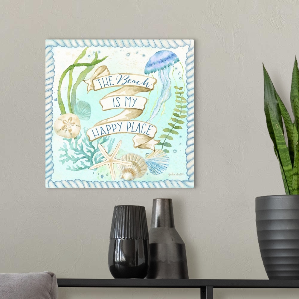 A modern room featuring "The Beach Is My Happy Place" on a banner surrounded by jellyfish, coral and seaweed along with s...