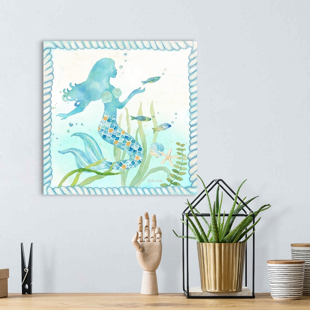 A bohemian room featuring Watercolor painting of a mermaid surrounded by fish, coral and seaweed along with shells, bordere...
