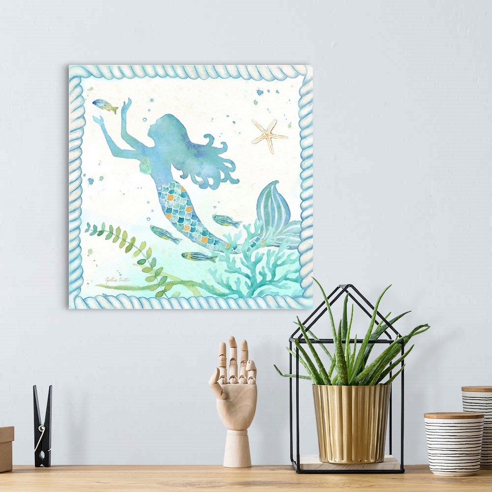 A bohemian room featuring Watercolor painting of a mermaid surrounded by fish, coral and seaweed along with shells, bordere...