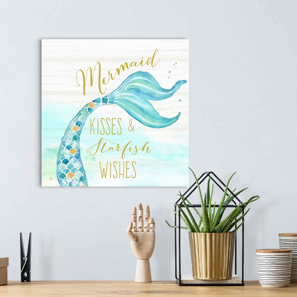 A bohemian room featuring "Mermaid Kisses & Starfish Wishes" in gold with a watercolor design of a mermaid tail against a w...