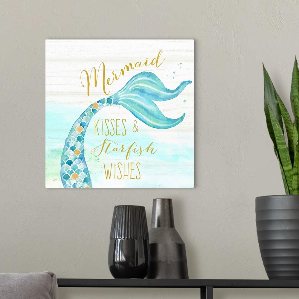 A modern room featuring "Mermaid Kisses & Starfish Wishes" in gold with a watercolor design of a mermaid tail against a w...