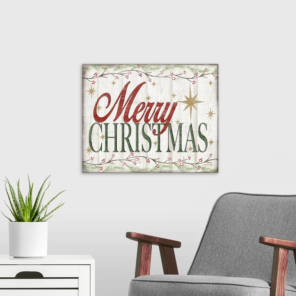 A modern room featuring "Merry Christmas" in red and green bordered by holly branches and surrounded by gold stars with a...